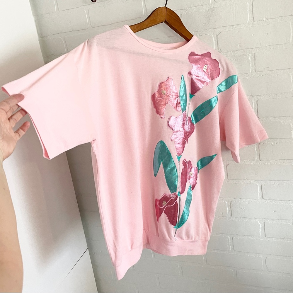 80s Artwear Graphic Appliqué Tee Iridescent Floral One Stitch Handmade Sz M - Picture 3 of 13